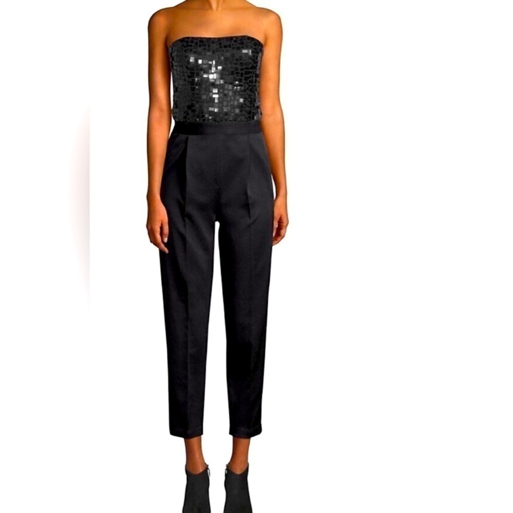 Alice + Olivia Jeri Black Sequin Embellished Strapless Jumpsuit Size 4
